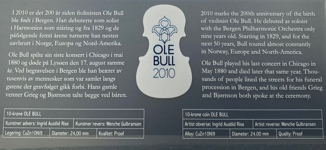 Hovedbilde 10 krone Ole Bull 2010  i fiolin stativ.