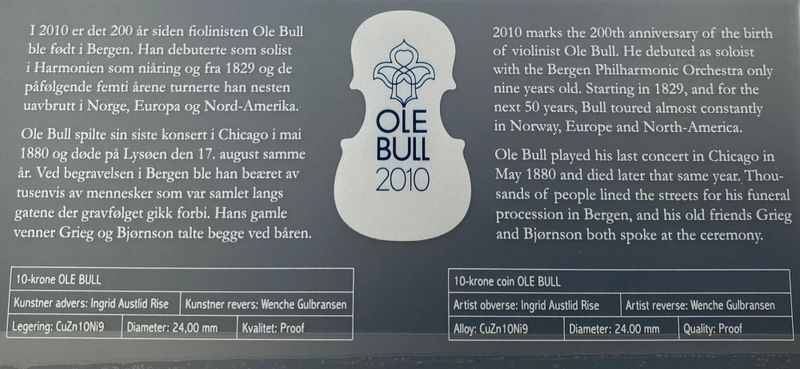 10 krone Ole Bull 2010  i fiolin stativ.